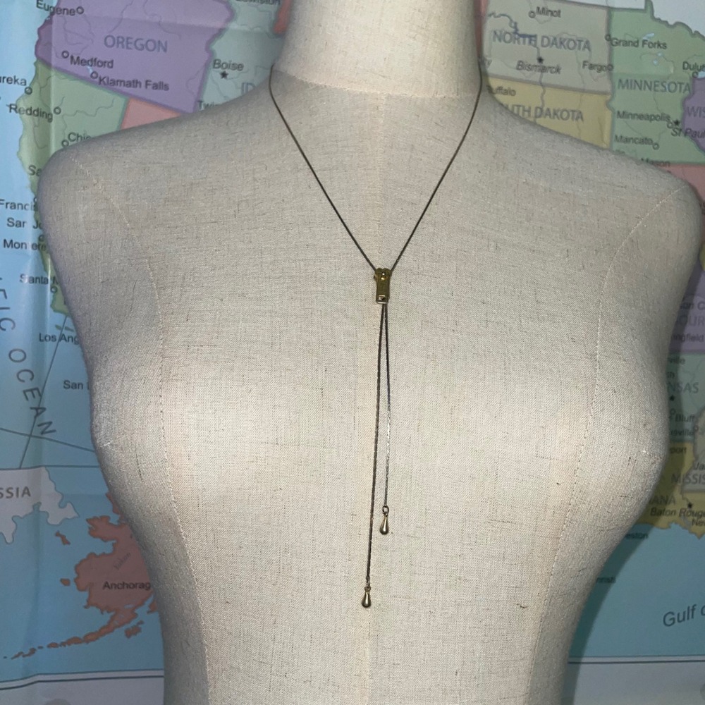 Vintage Mixed Metal Zipper Pull Bolo Lariat Necklace Gold Tone Adjustable
